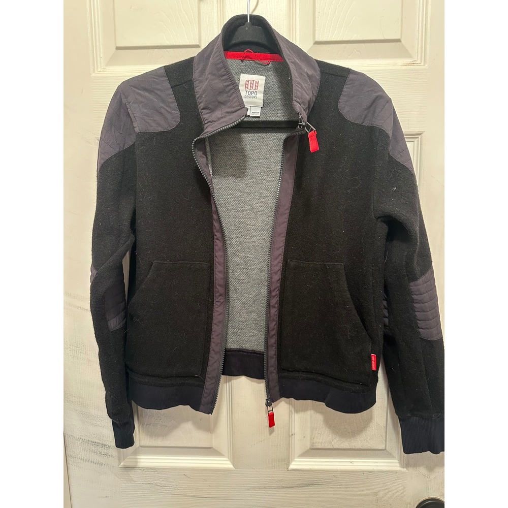 Topo Designs Womens Wool Bomber Jacket Black Charcoal Grey Full Zip Size M